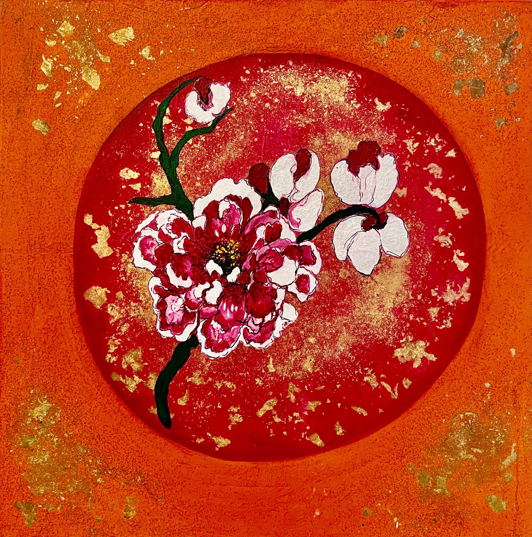 A painting of a red and white flower on an orange background.