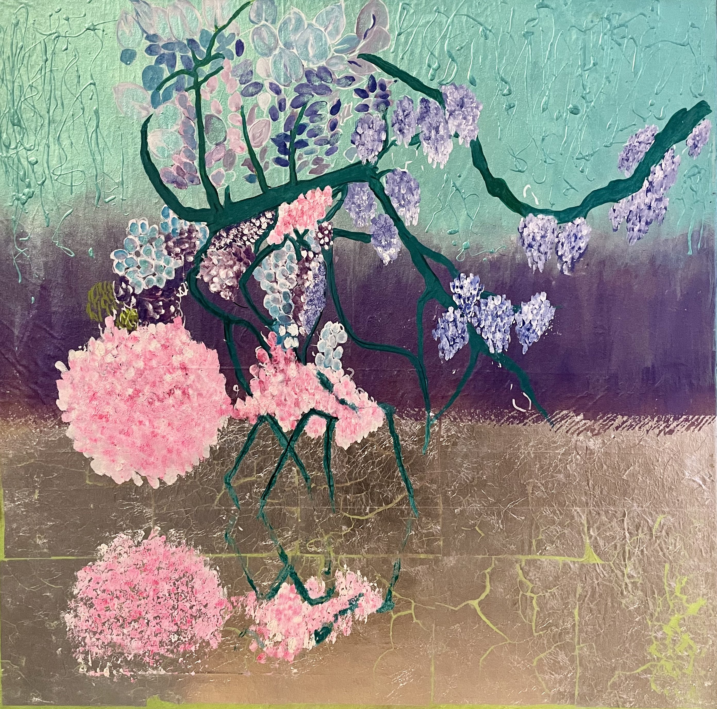 A painting of pink and purple flowers on a green background.