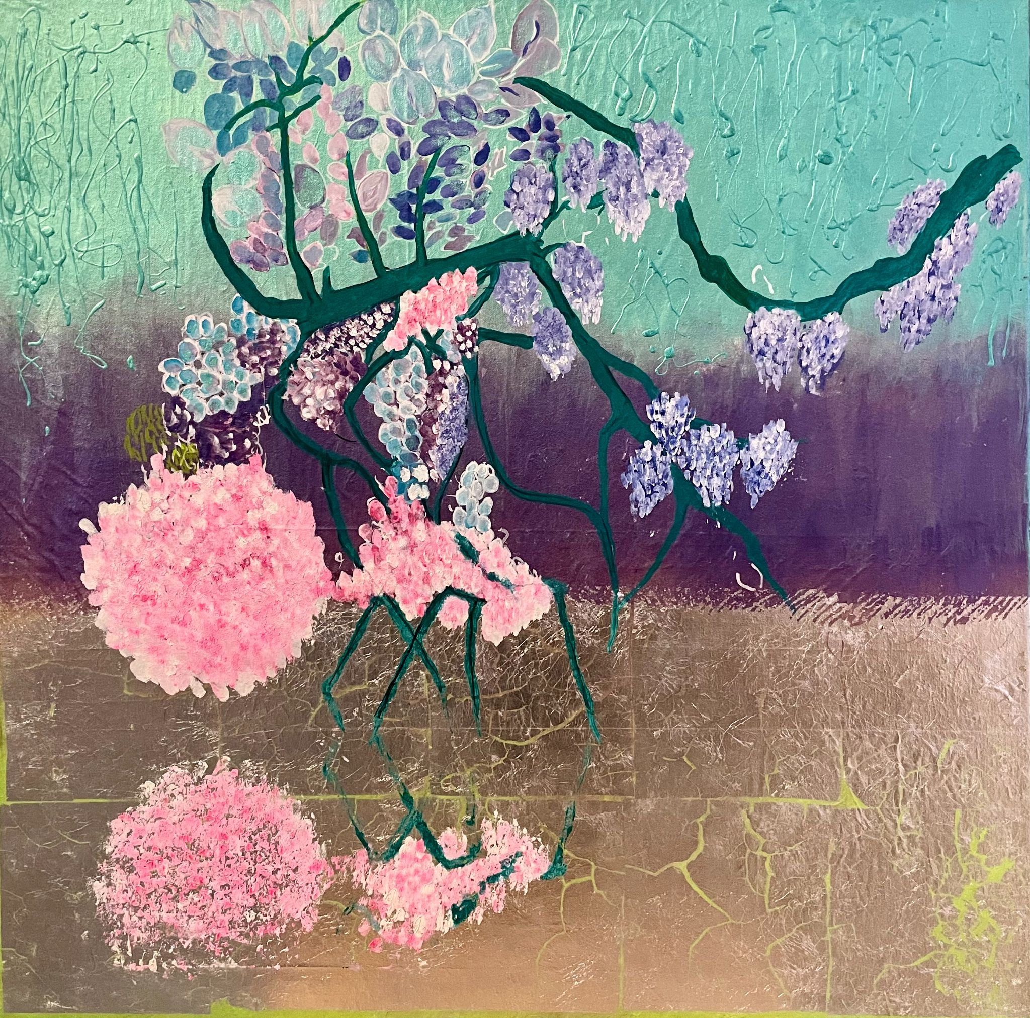 A painting of pink and purple flowers on a green background.