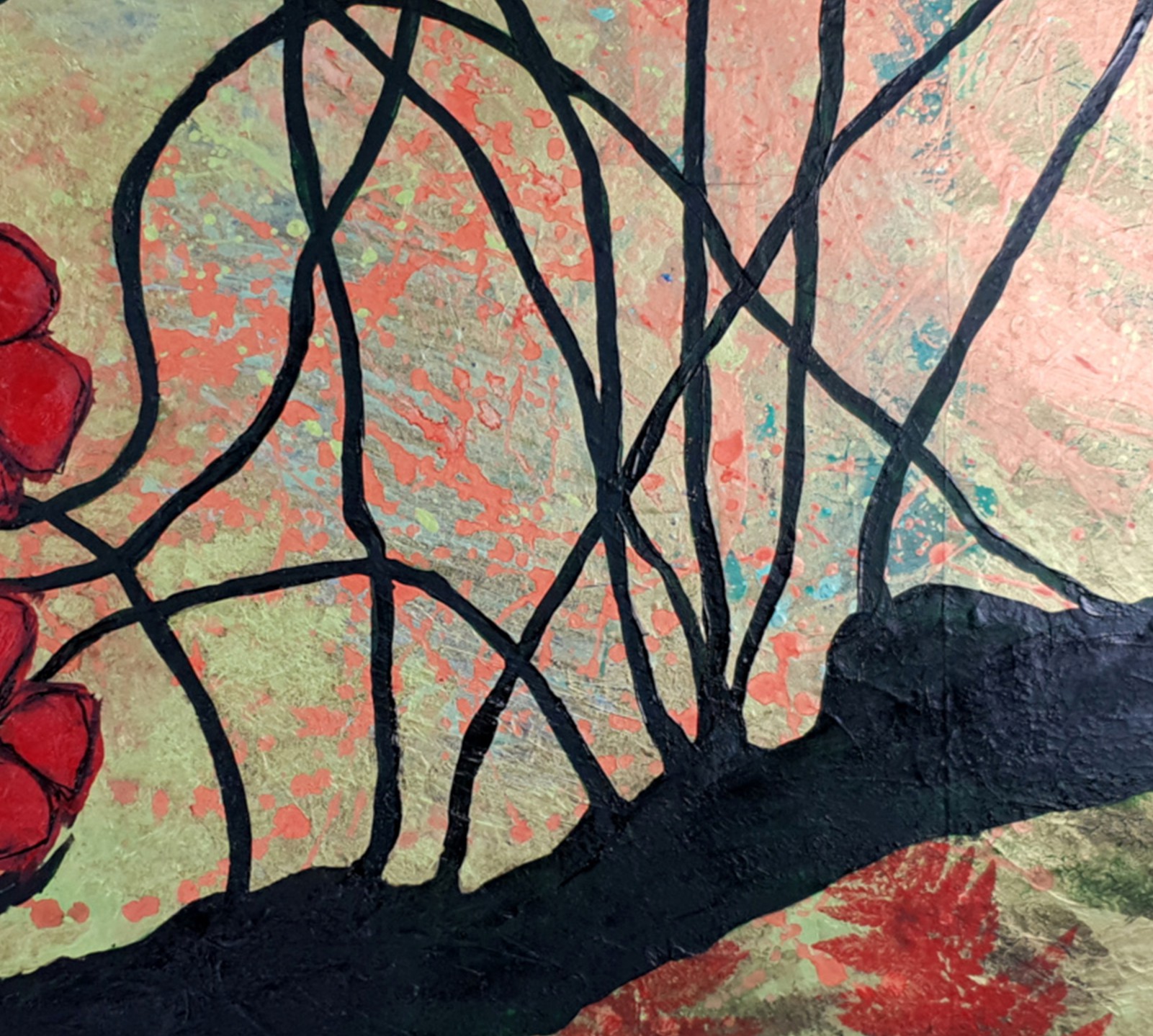 A painting of a tree with red flowers on it.