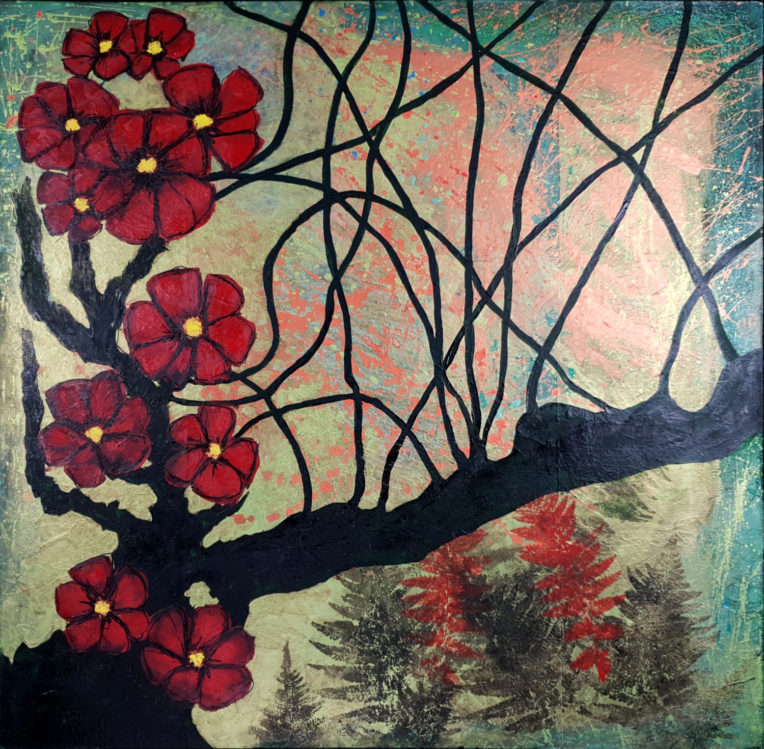 A painting of a tree with red flowers on it.