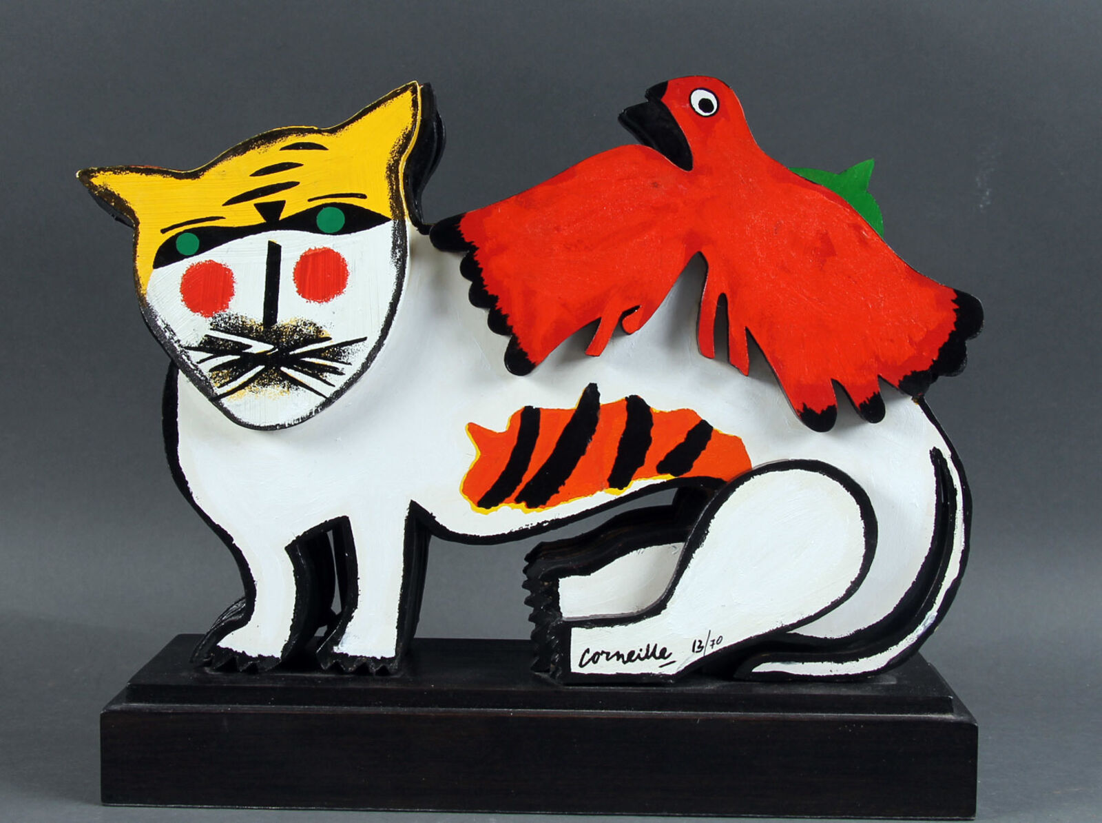 Artwork by Corneille, Chat Blanc et Oiseau Rouge, Made of Printed and hand painted wood 