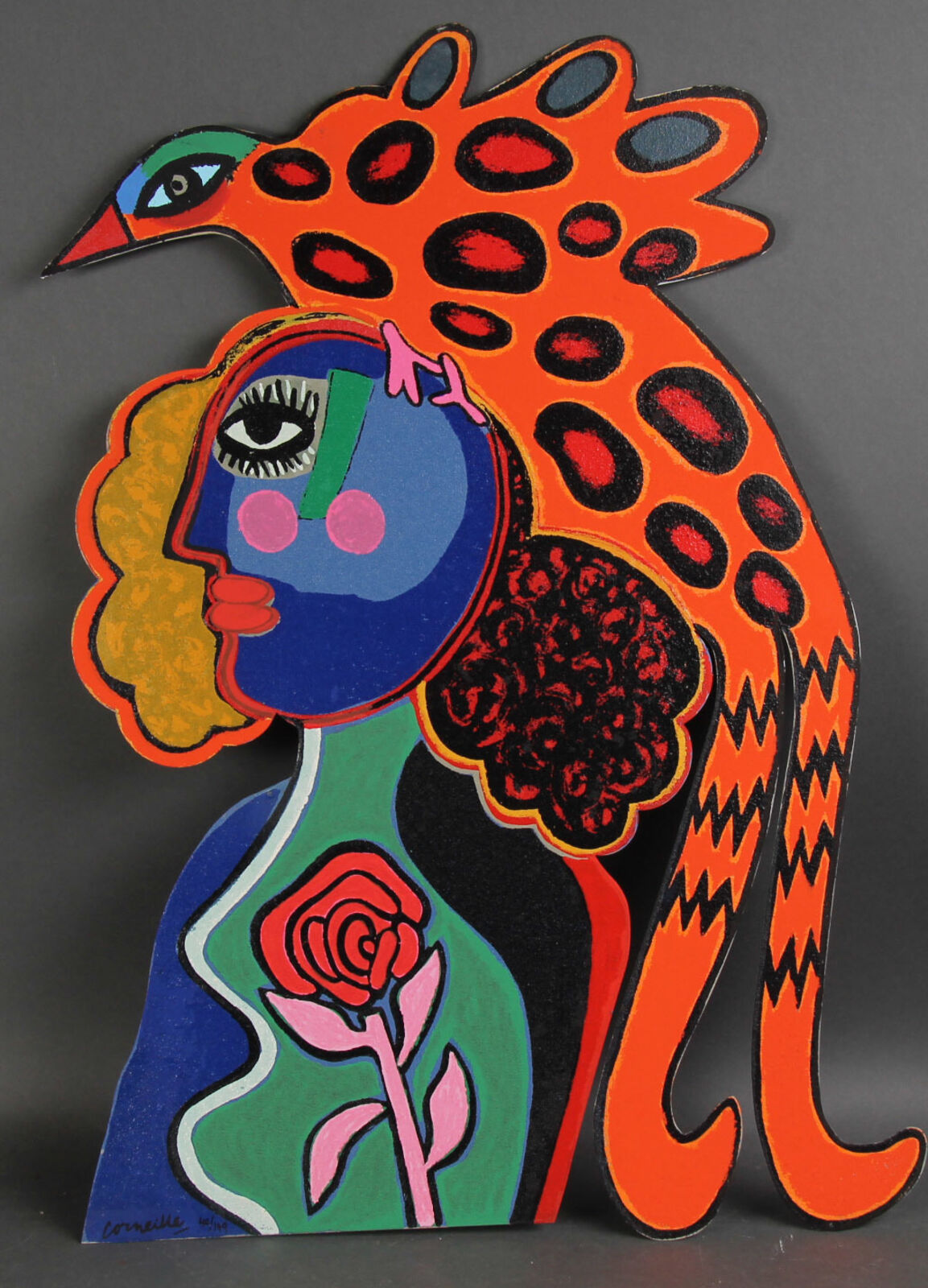 Artwork by Corneille, Femme et d'oiseaux exotiques, Made of Metal Sculpture, screen printed and hand painted 