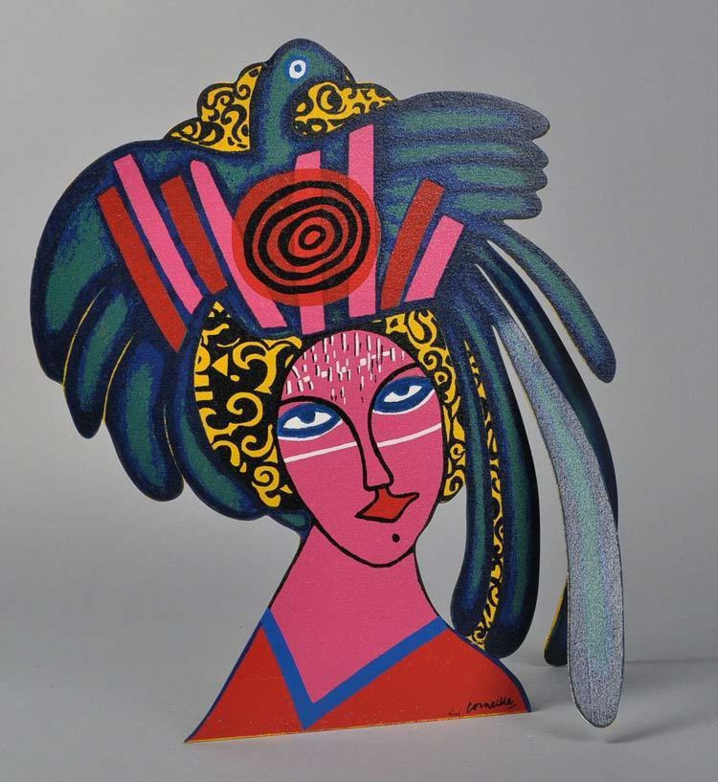 A painting of a woman with a bird on her head.