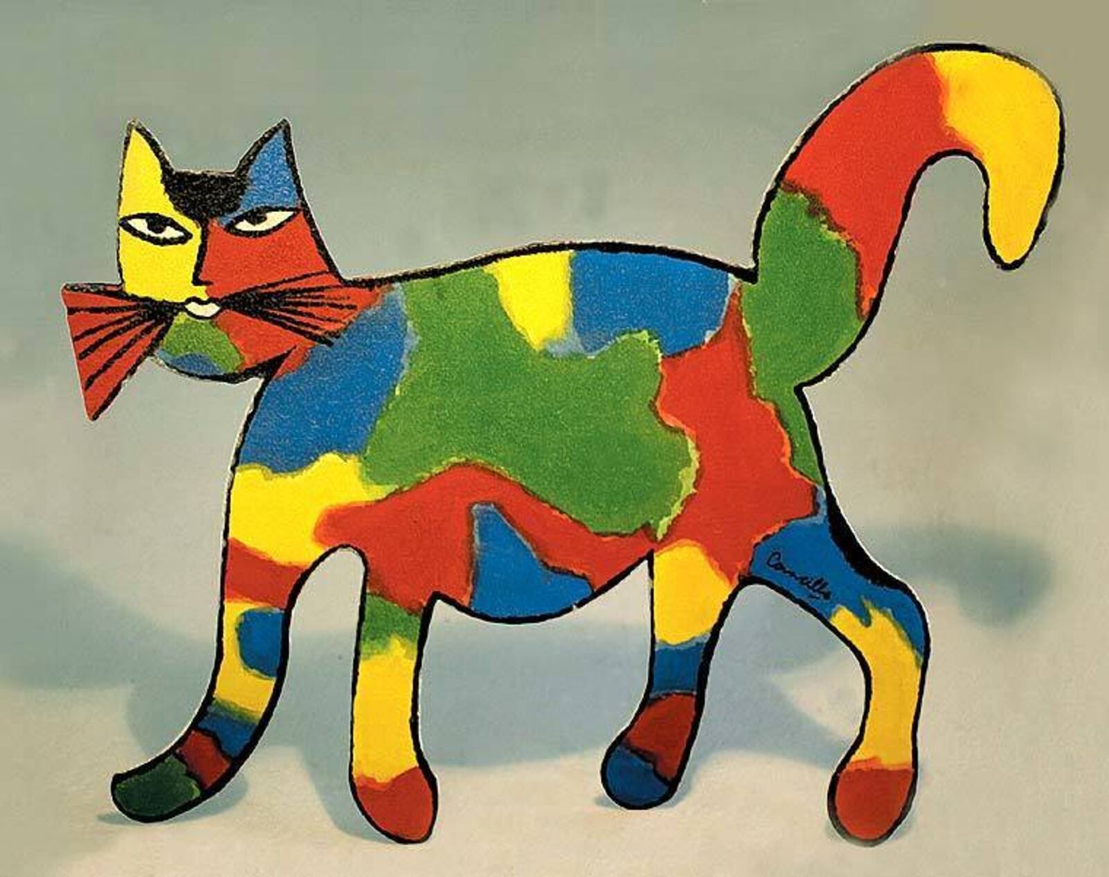 Artwork by Corneille, multicolored Cat, Made of Printed and hand embellished metal 