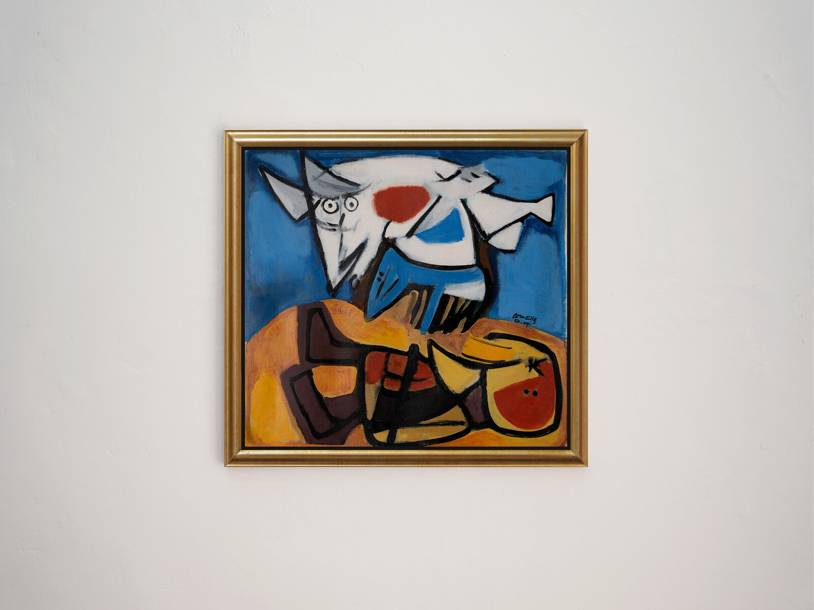 A vibrant Cubist painting of a stylized figure holding a basket of fruit against a deep blue background.