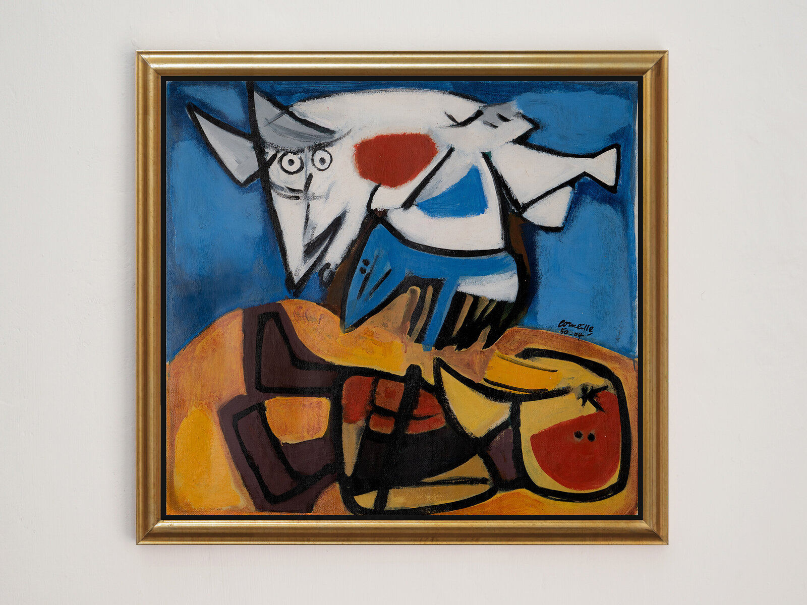 A vibrant Cubist painting of a stylized figure holding a basket of fruit against a deep blue background.
