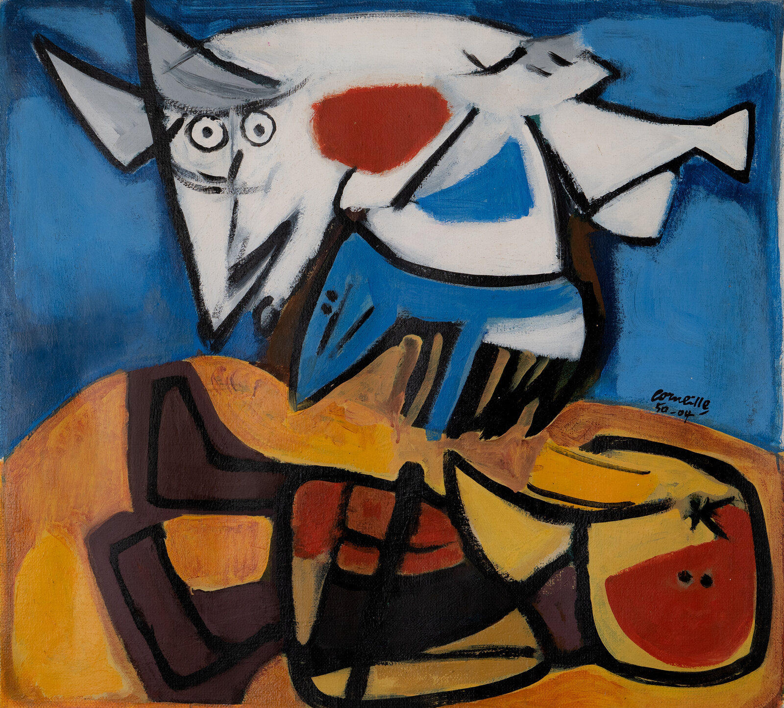 A vibrant Cubist painting of a stylized figure holding a basket of fruit against a deep blue background.