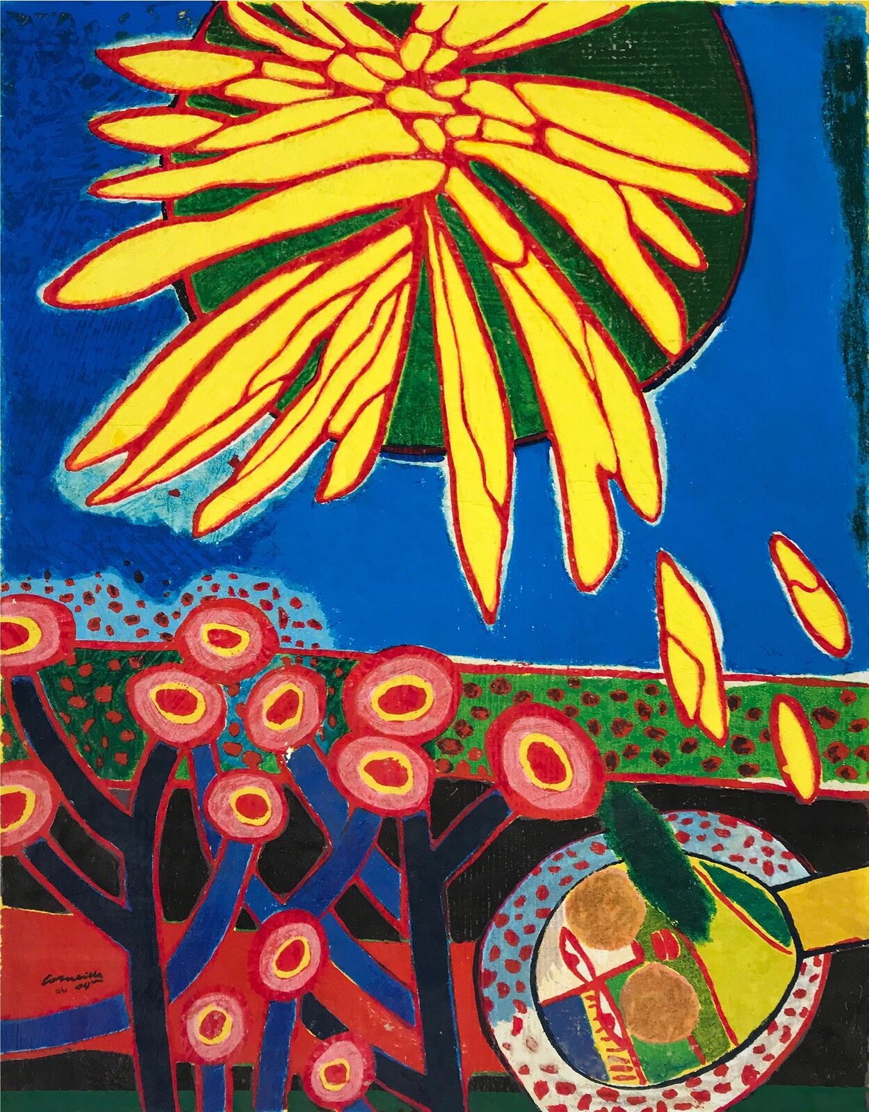 A painting of a yellow flower on a blue background.