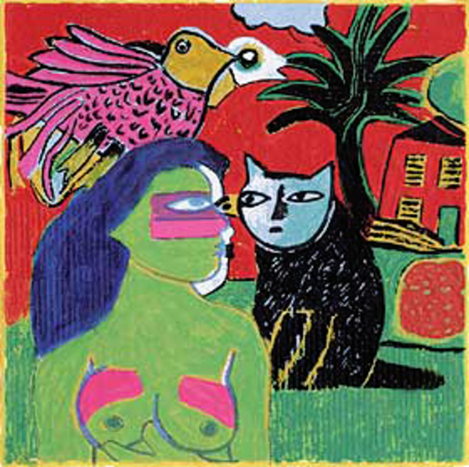 A painting of a woman with a bird on her shoulder.