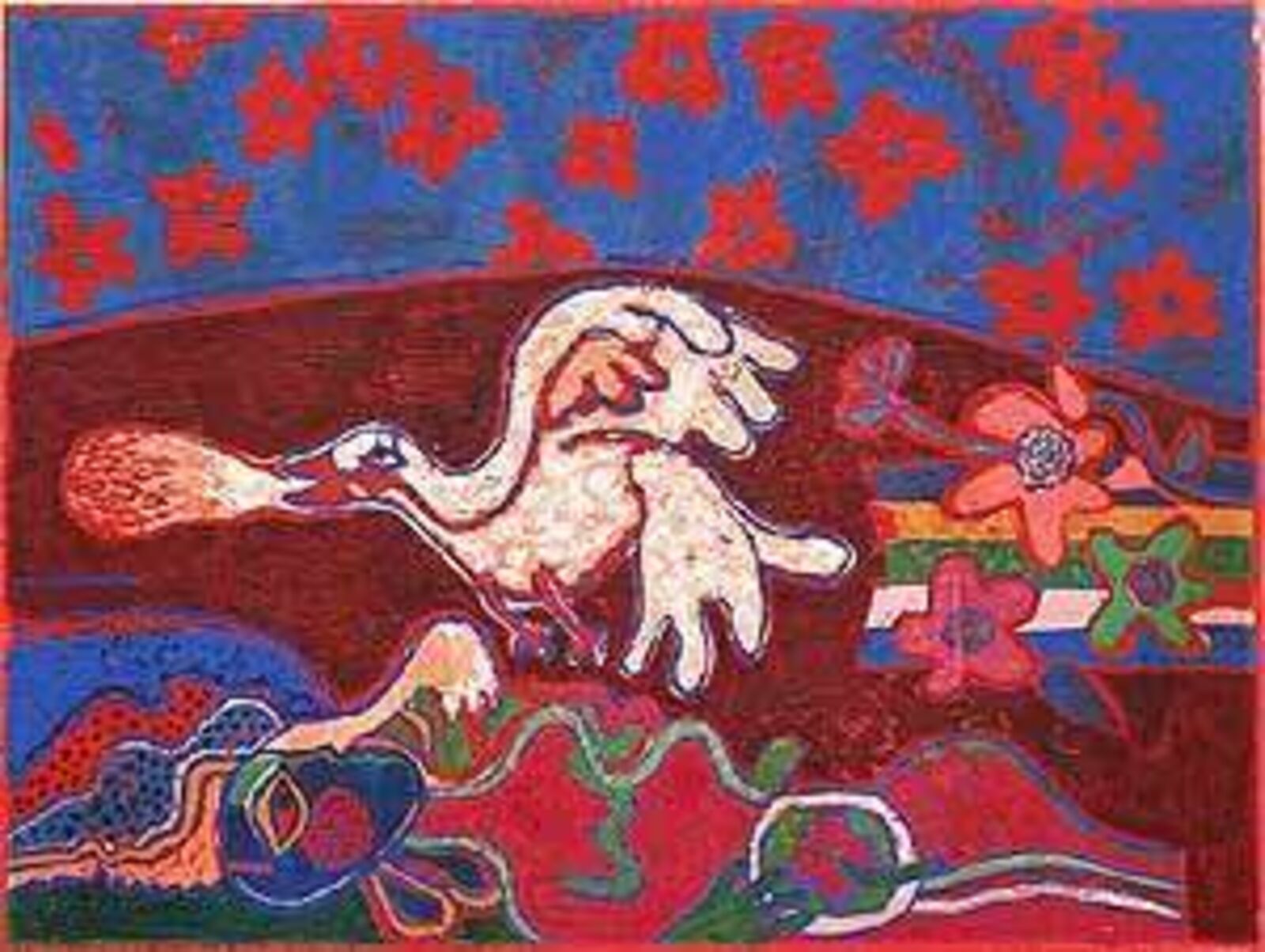 a painting of a bird flying over a field of flowers