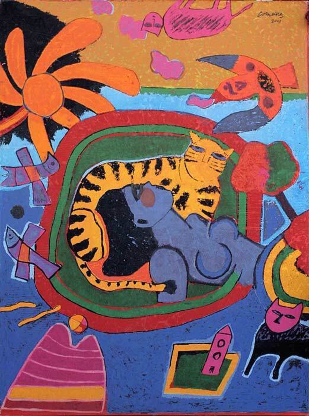 Artwork by Corneille, Chat Souverein, Made of Serigraph/Terragraph on Canvas 