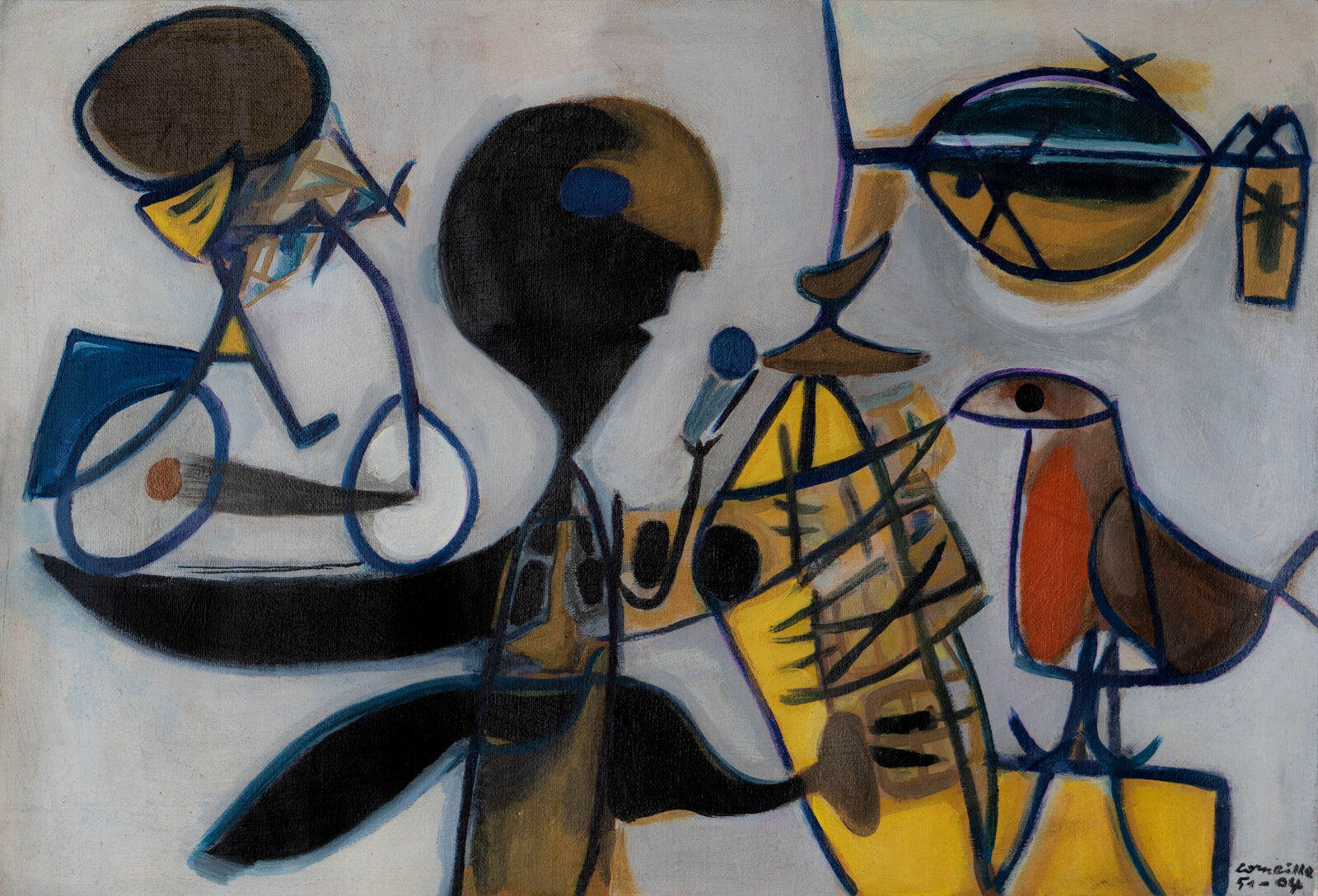 A painting hanging on a wall in a room.