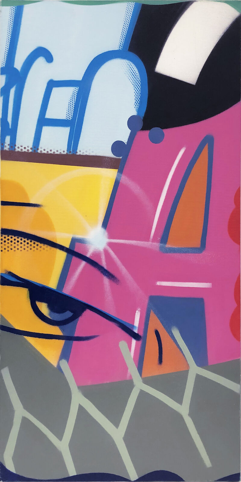 A painting of a woman's face on a colorful background.