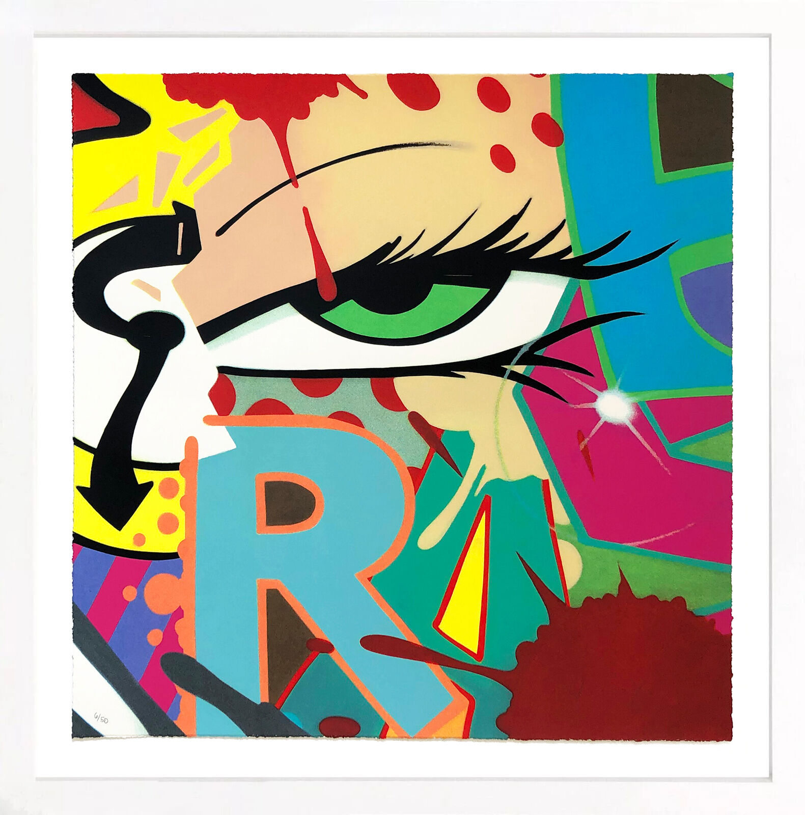 A painting of a woman's face with the word R on it.