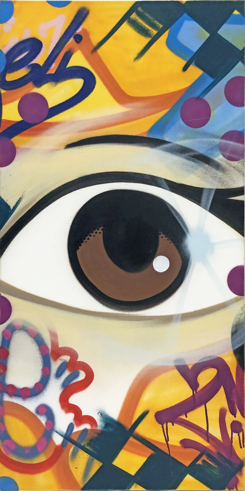 A painting of a woman's eye on a yellow background.