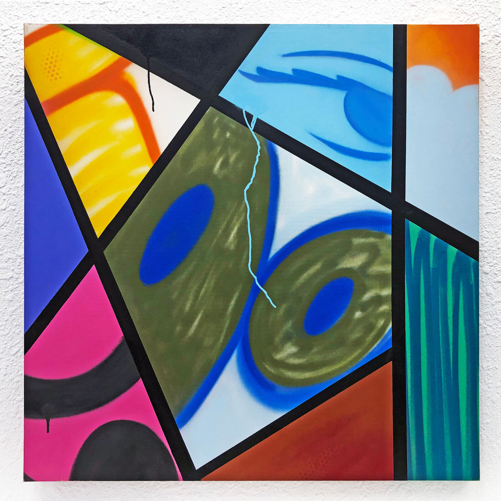 A painting on a white wall with a string attached to it.