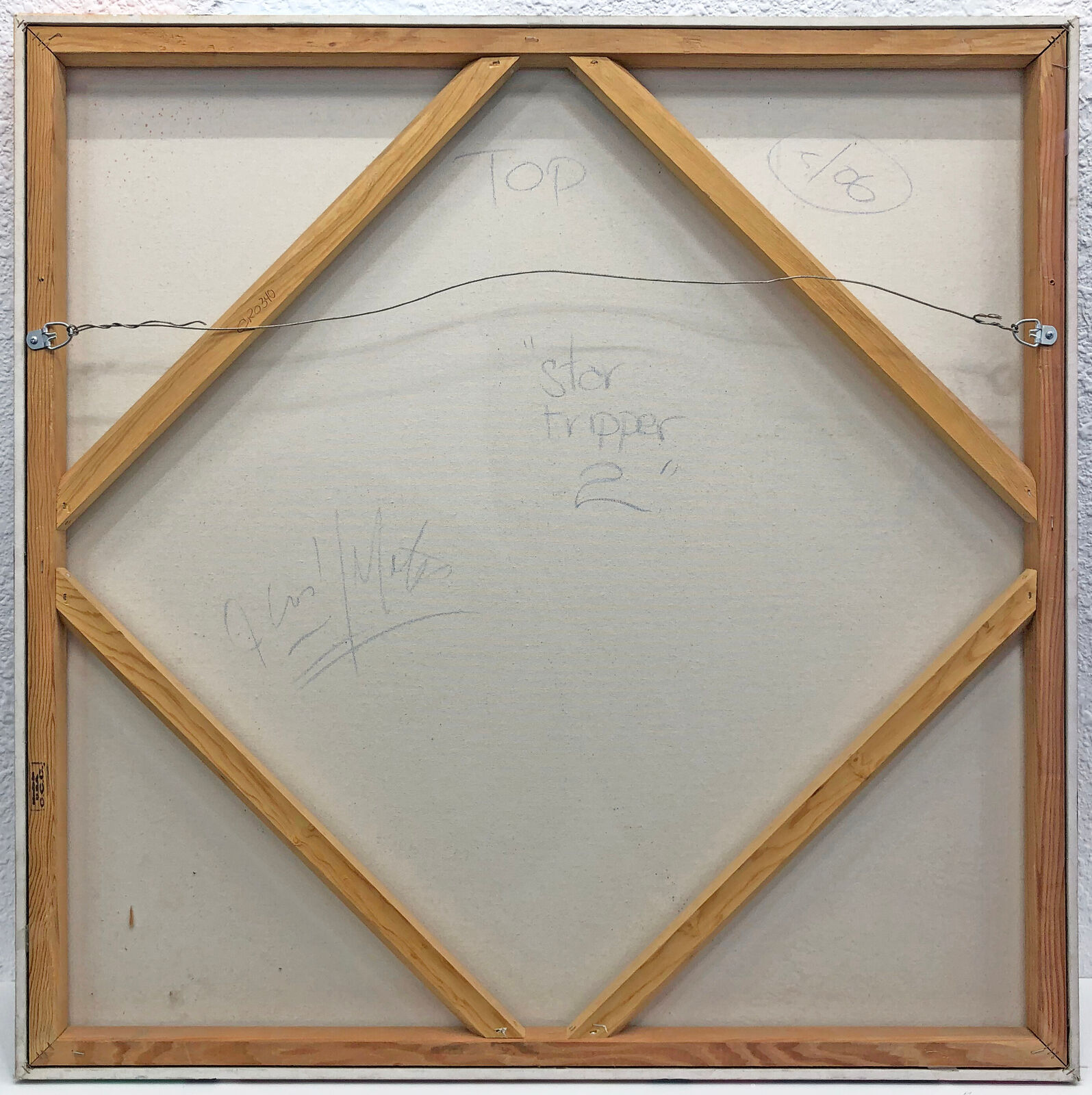 A painting on a white wall with a string attached to it.