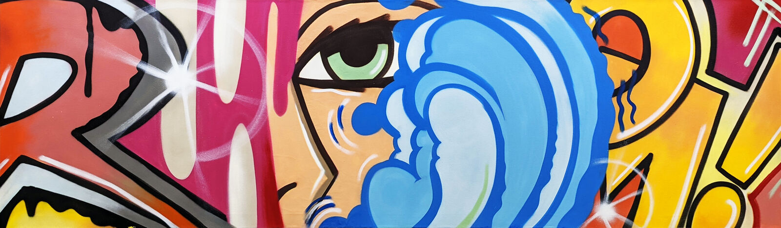 a close up of a painting of a woman's face on a wall