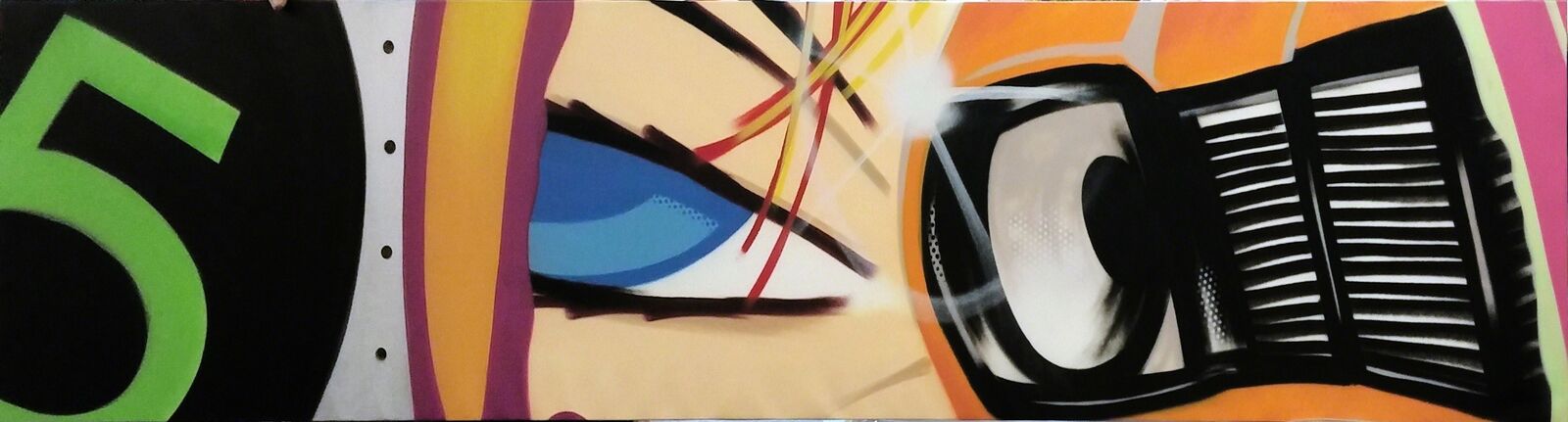 a painting of a woman's face with a piano in the background