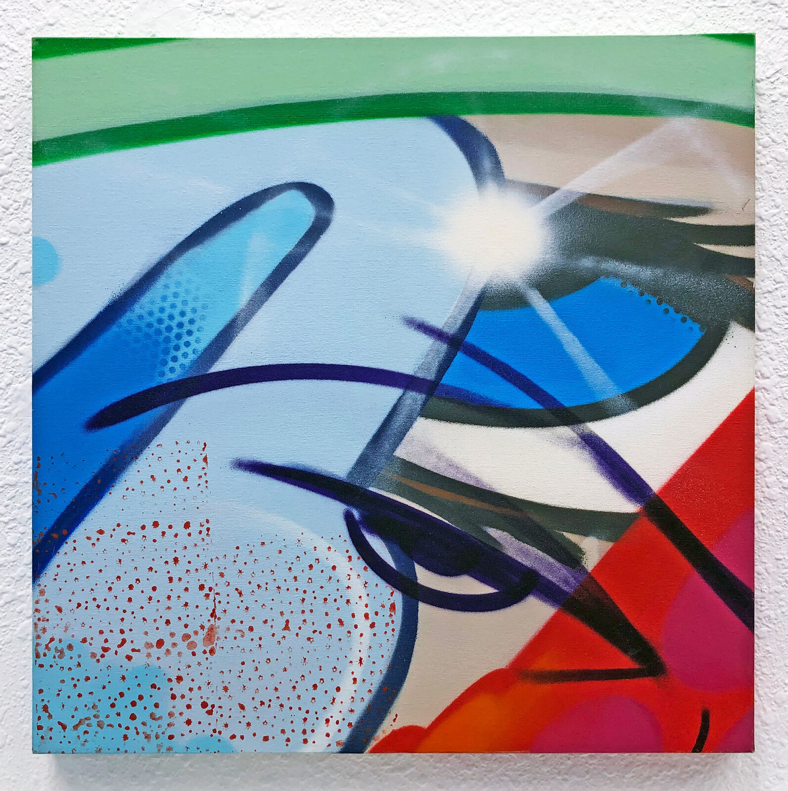 A painting on a white wall with a bright light shining through it.