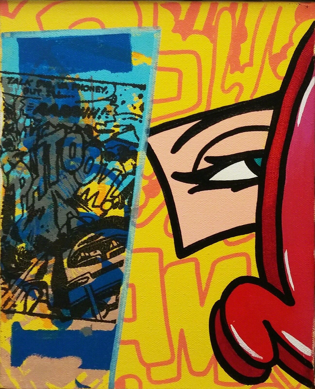 A painting of a woman's face on a yellow background.