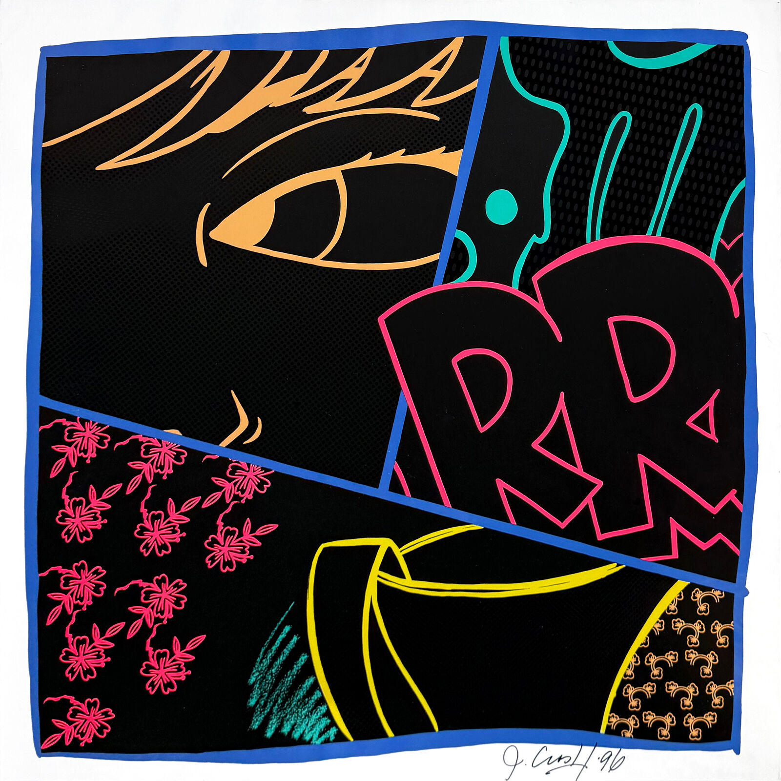 A pop art painting of a woman's face on a black background.