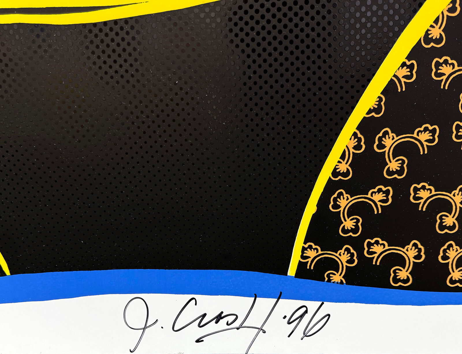 A pop art painting of a woman's face on a black background.