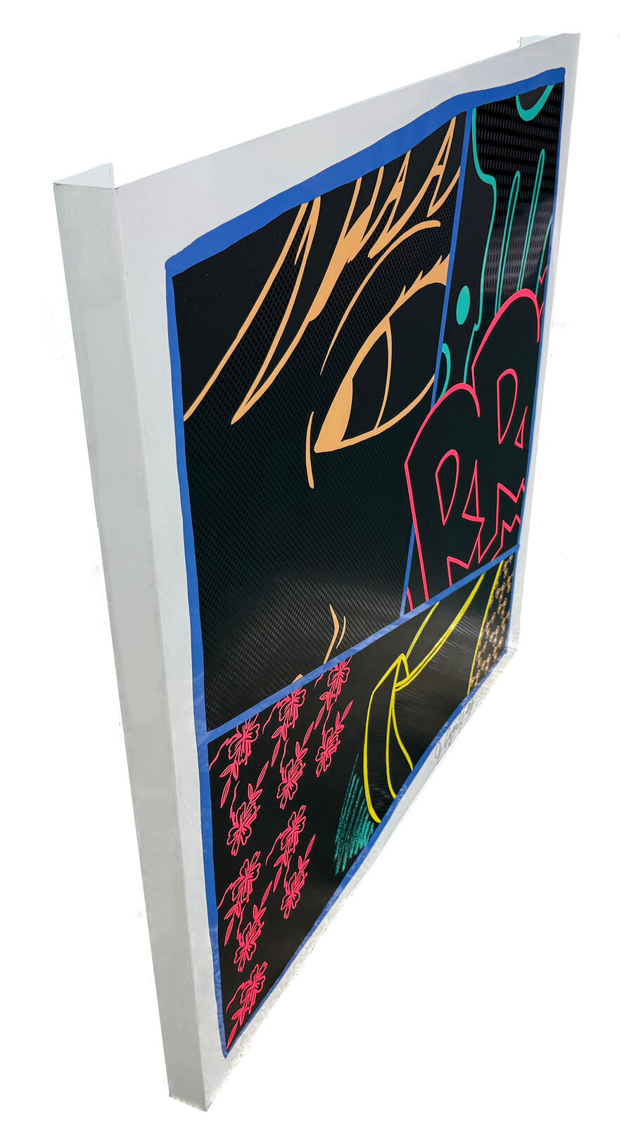 A pop art painting of a woman's face on a black background.