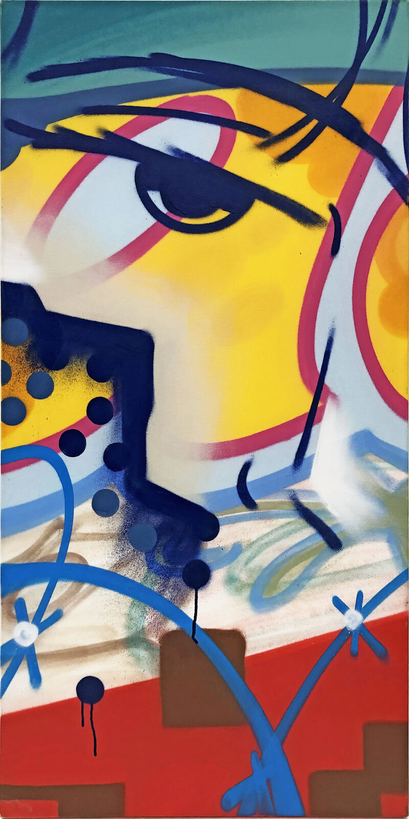 A painting of a woman's face on a colorful background.