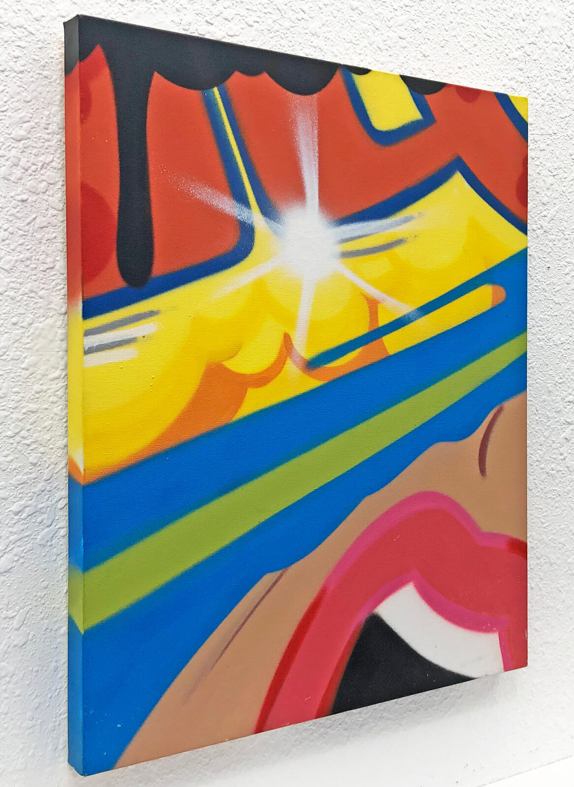 A painting on a white wall with a sun in the background.