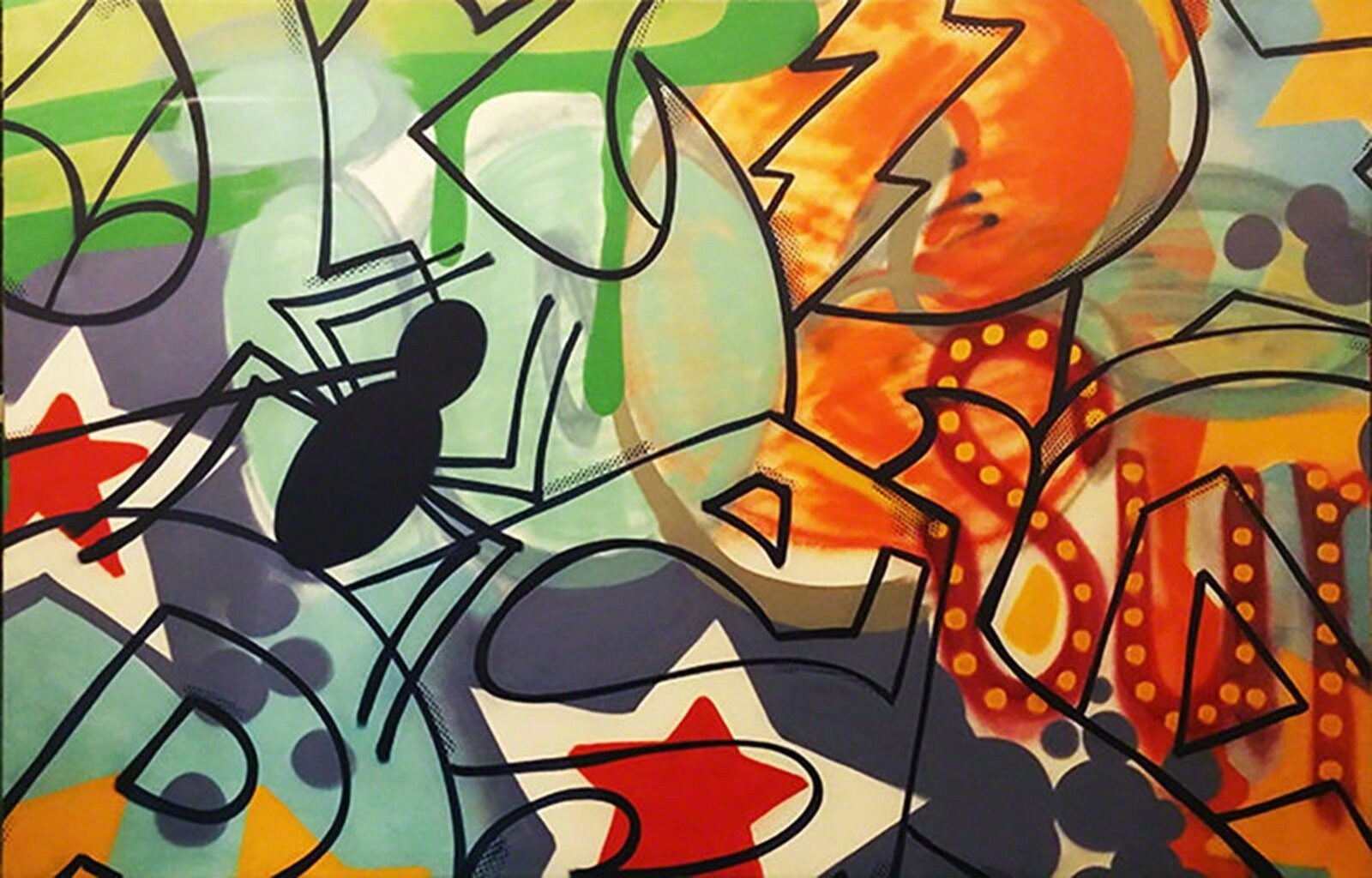 A painting of a colorful abstract painting on a wall.