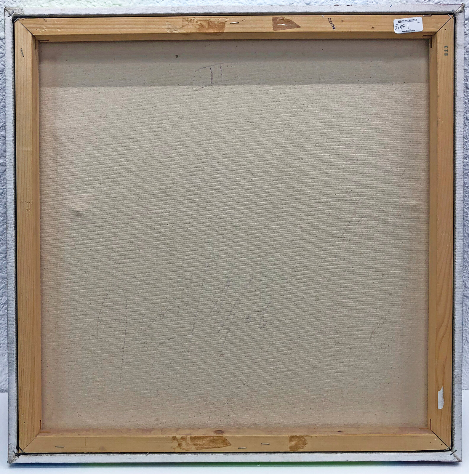 A painting on a wall with a blue and green background.