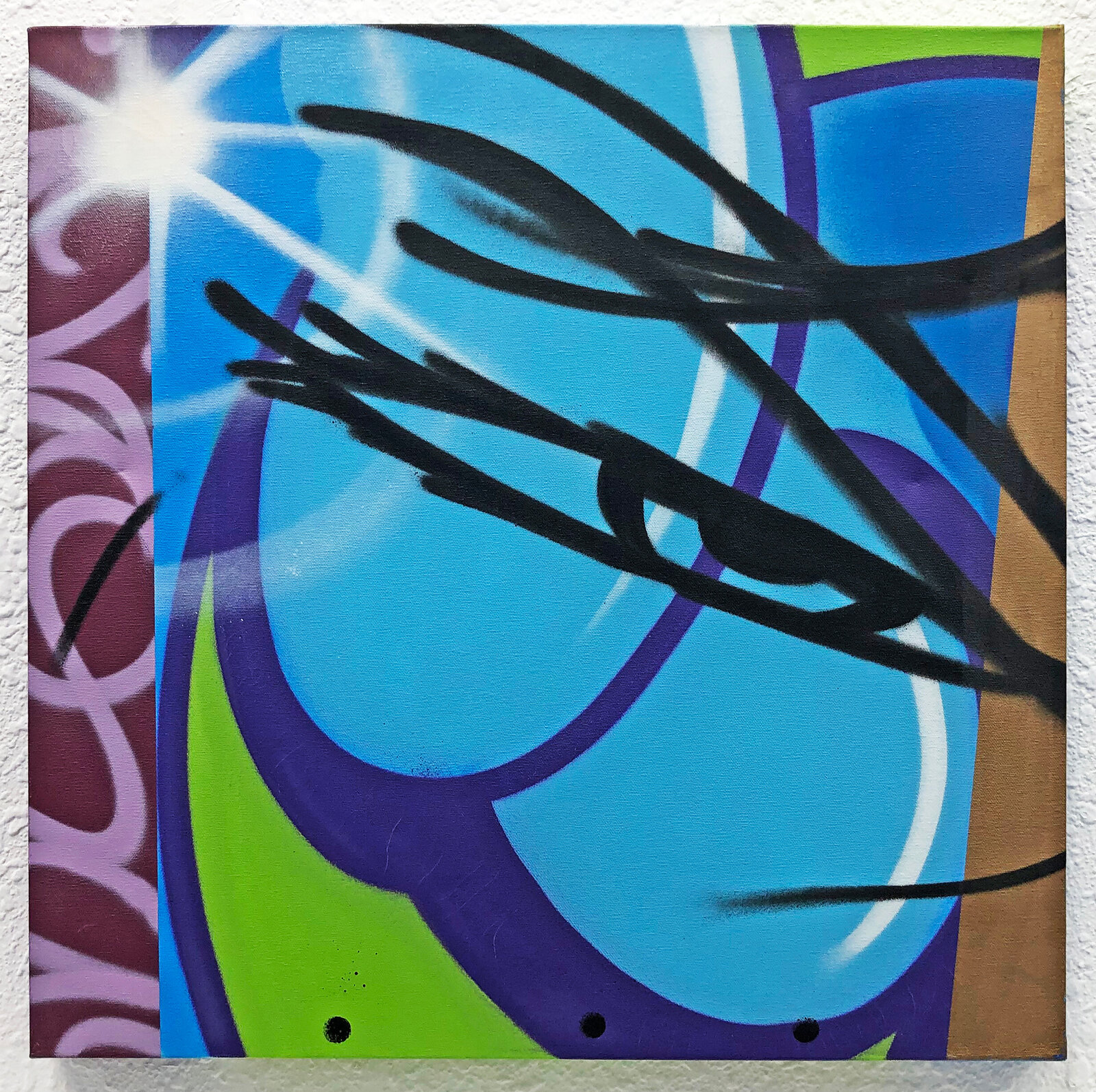 A painting on a wall with a blue and green background.