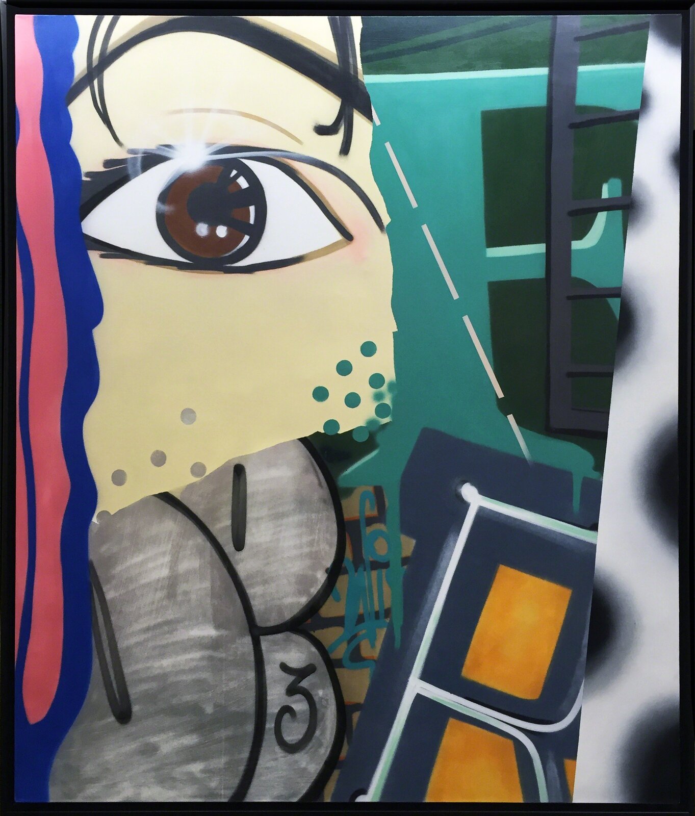 A painting of a woman's face with a ladder in the background.