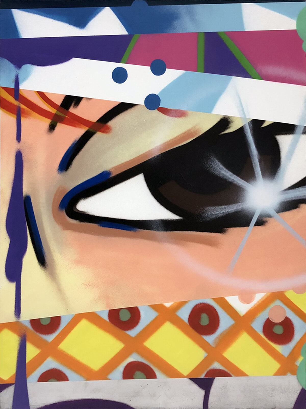 A painting of a woman's eye on a colorful background.