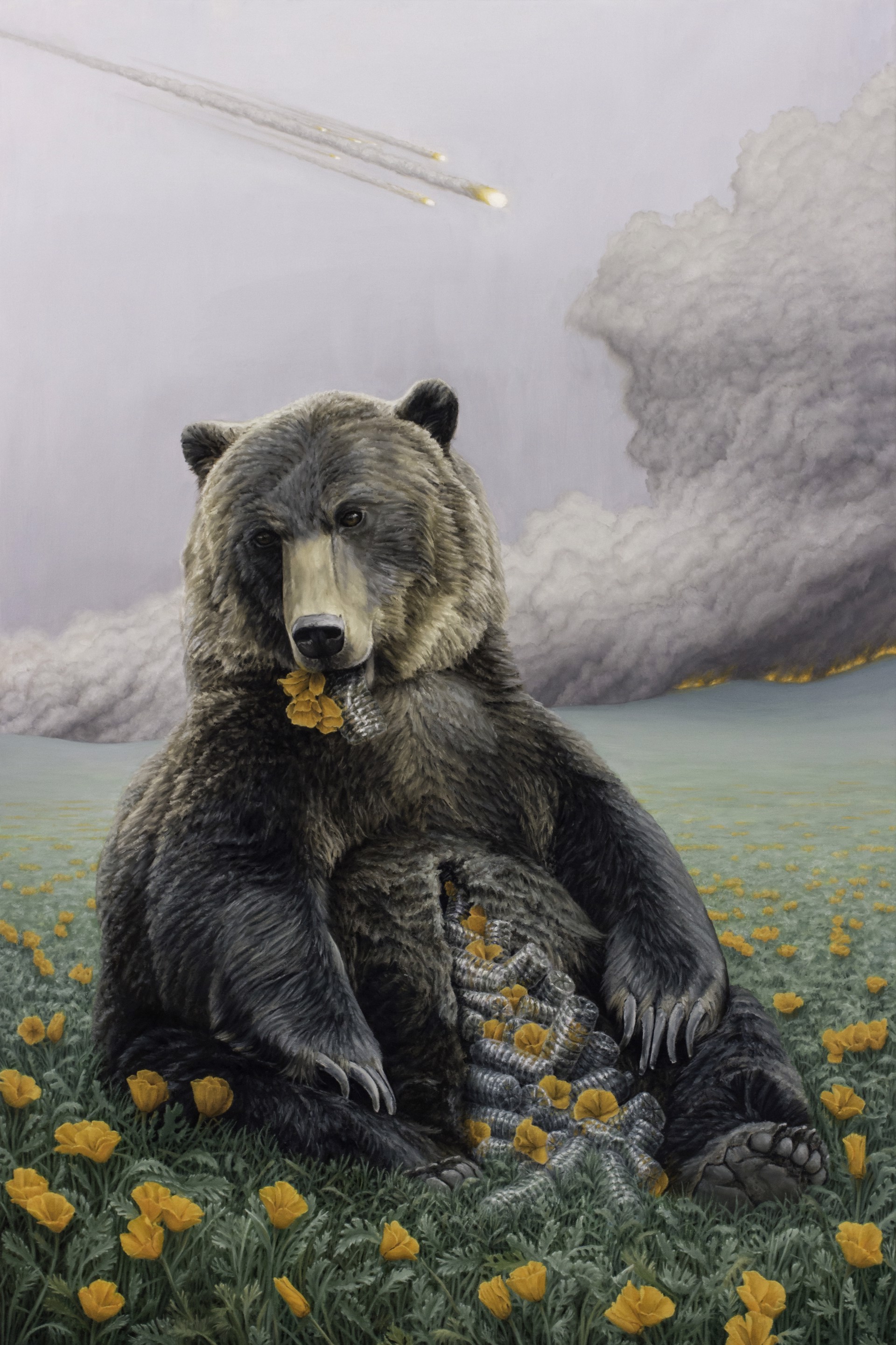 A painting of a bear sitting in a field of flowers.