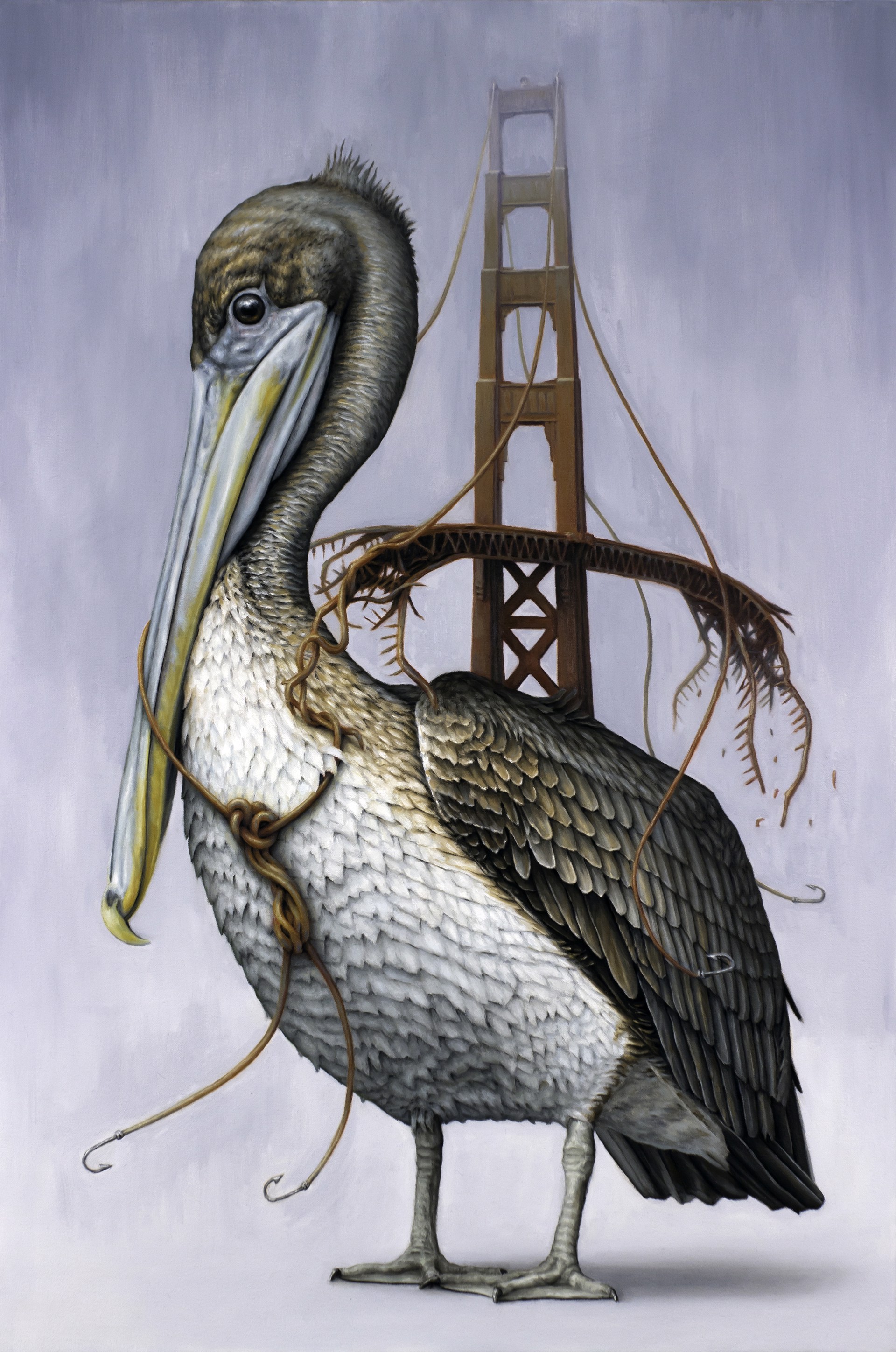 A painting of a pelican with a fishing net in its beak.