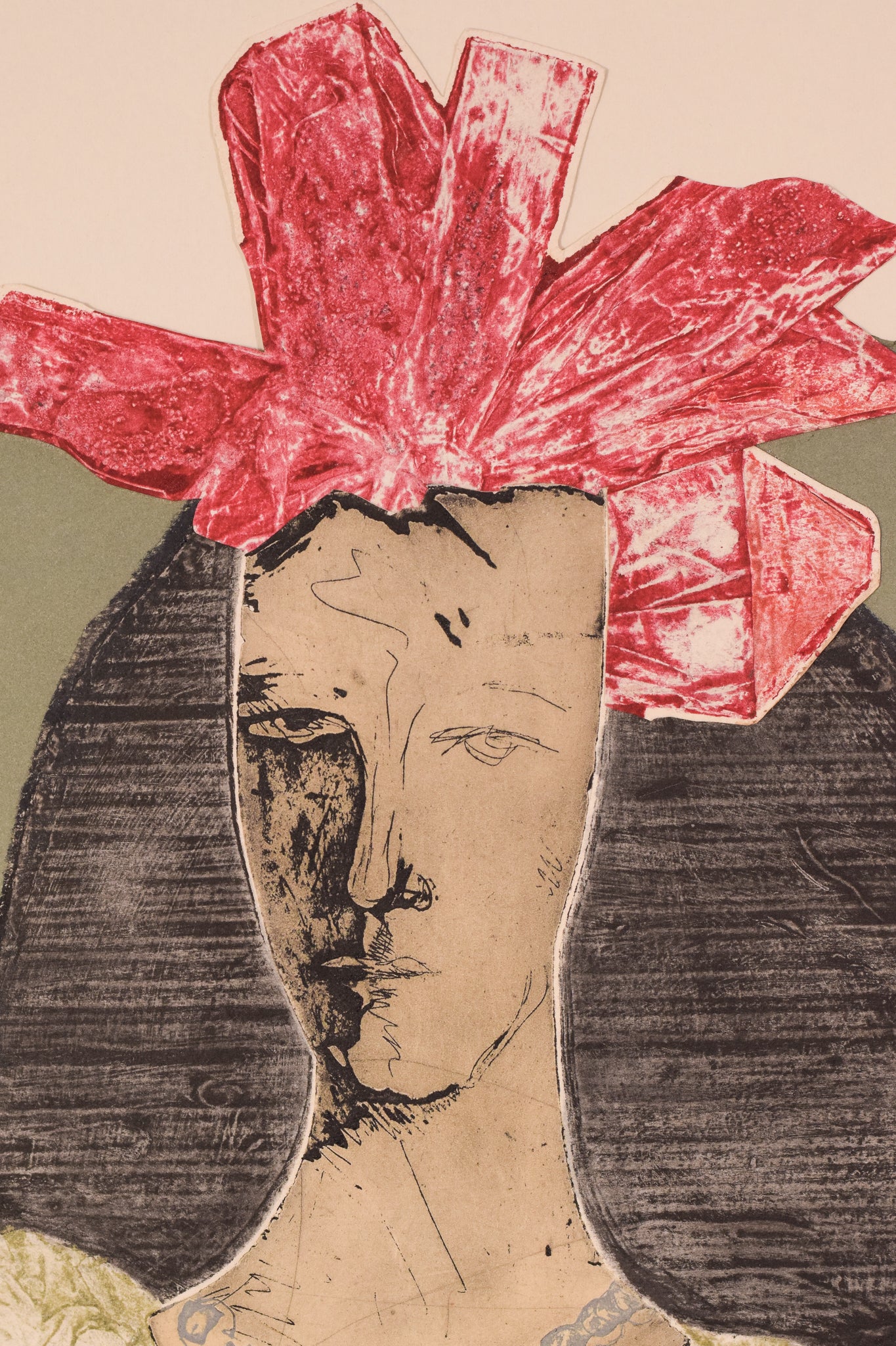 A drawing of a woman in a white dress with a red bow.