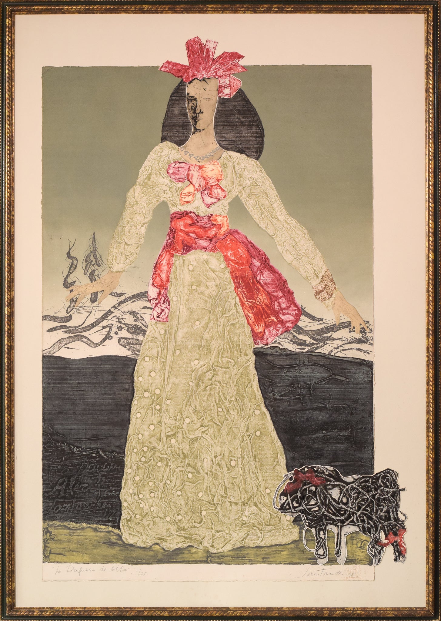 A drawing of a woman in a white dress with a red bow.