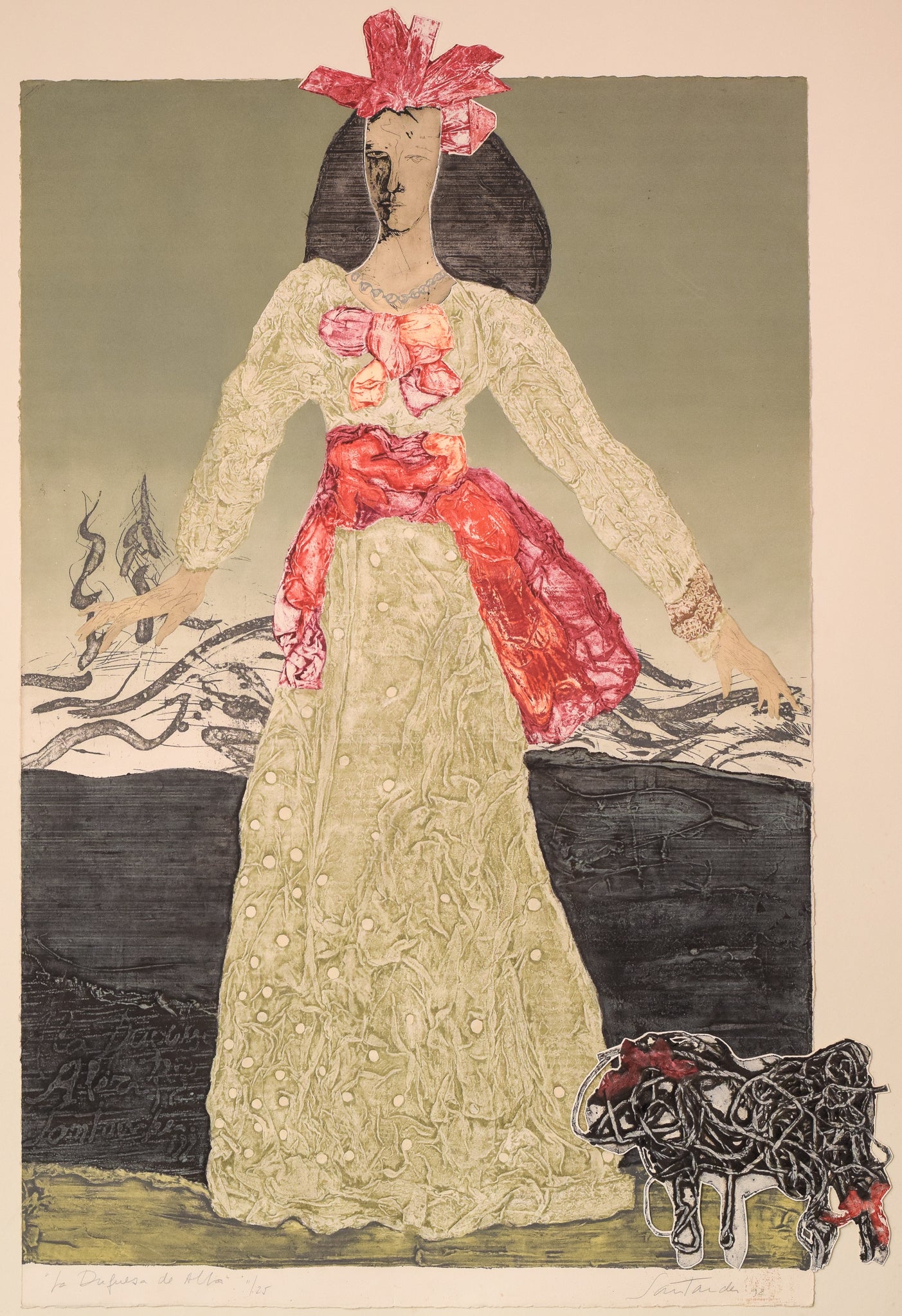 A drawing of a woman in a white dress with a red bow.