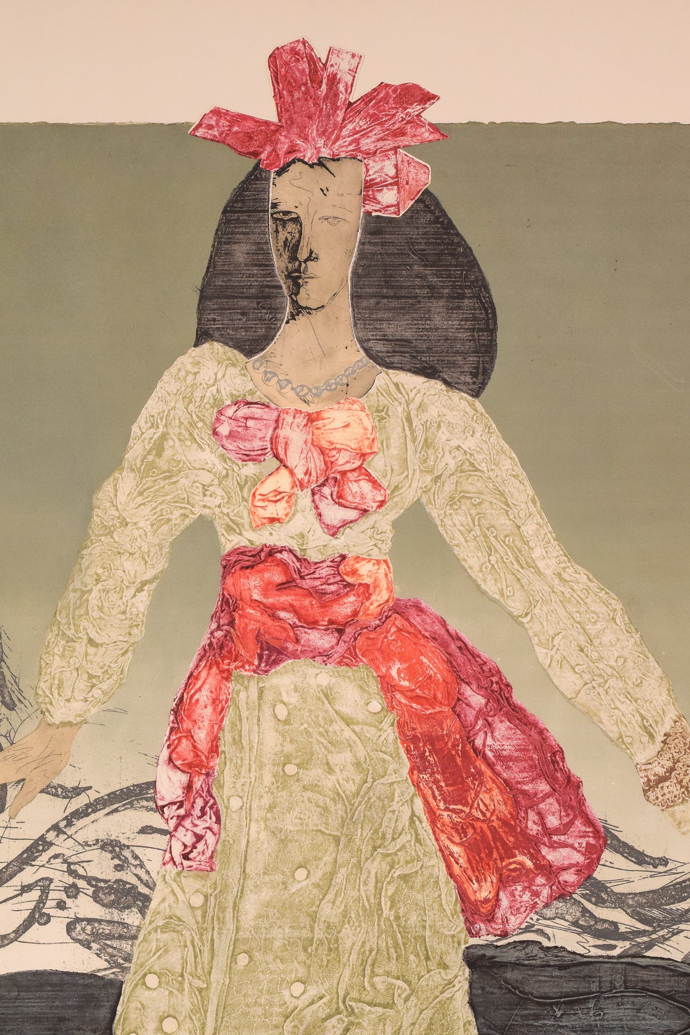 A drawing of a woman in a white dress with a red bow.