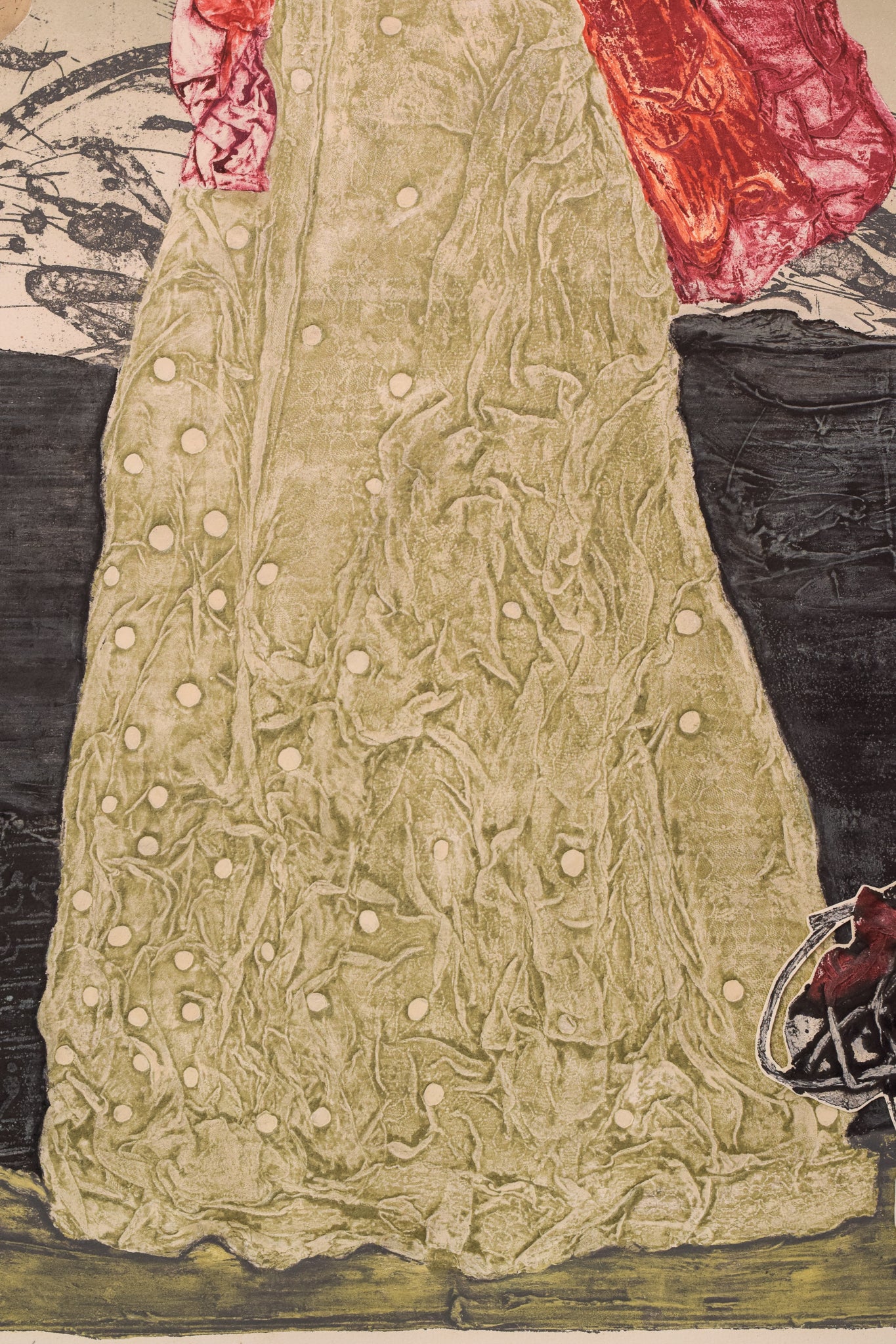 A drawing of a woman in a white dress with a red bow.