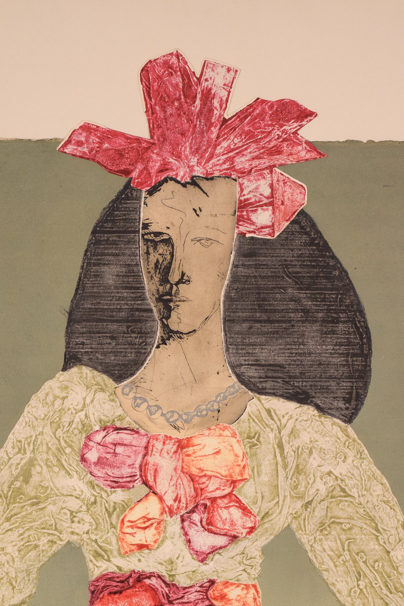 A drawing of a woman in a white dress with a red bow.