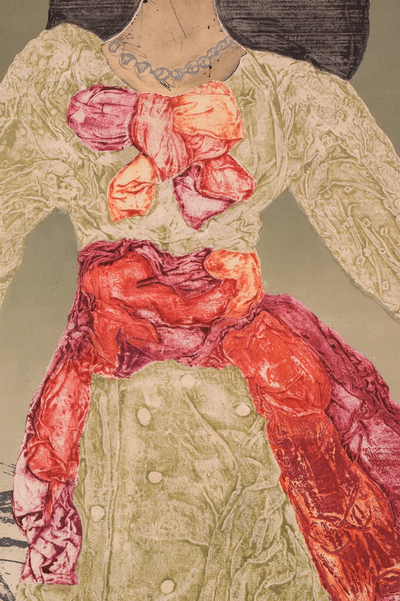 A drawing of a woman in a white dress with a red bow.