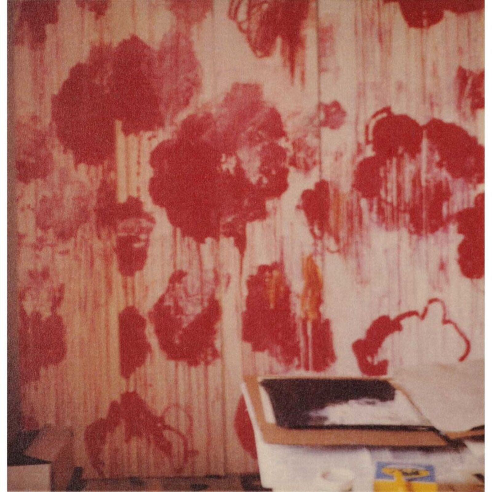 A framed photograph of a textured red floral pattern with a small book resting in the foreground.