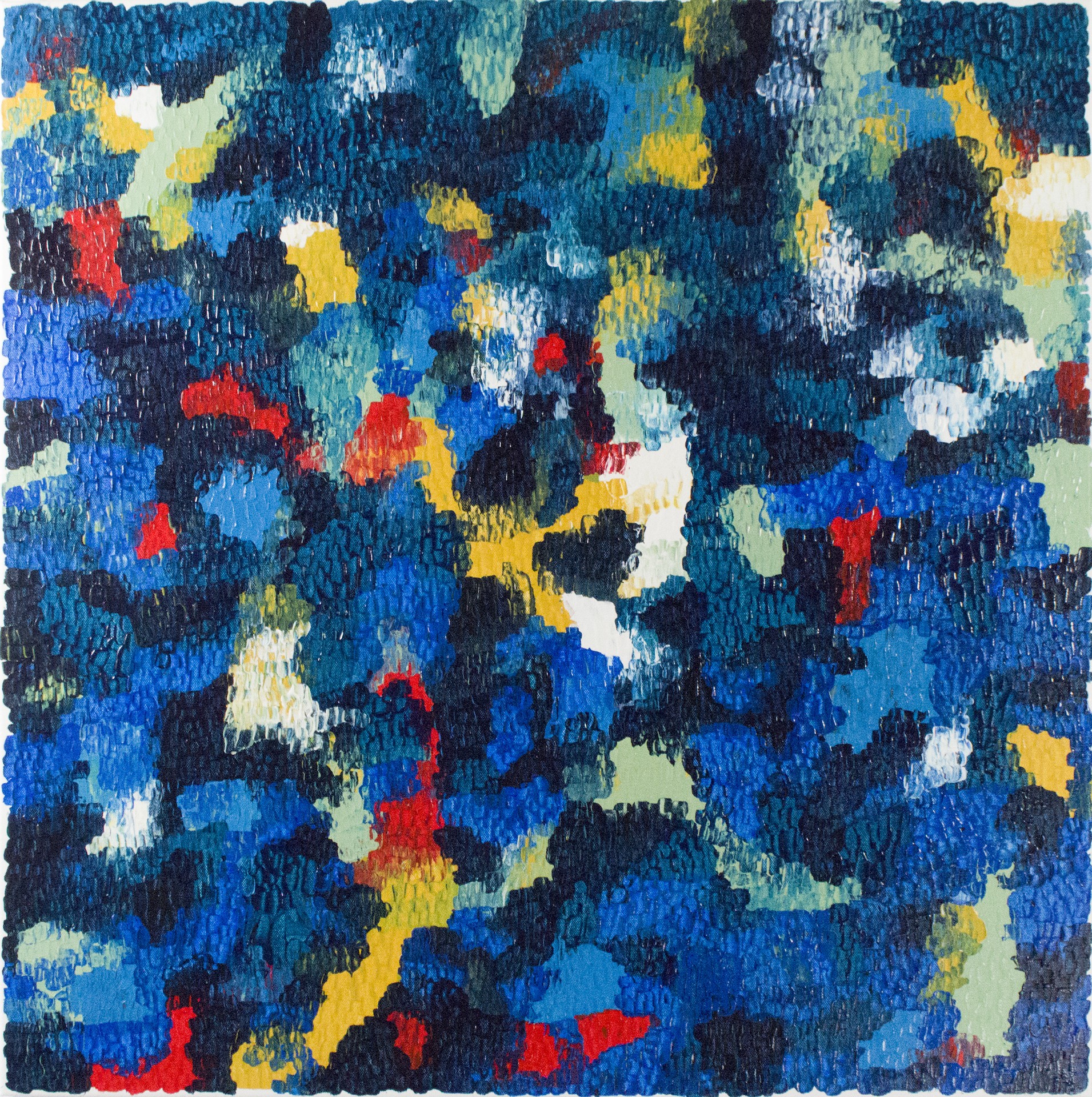 A painting of blue, yellow, red, and green paint splatters on a white background.