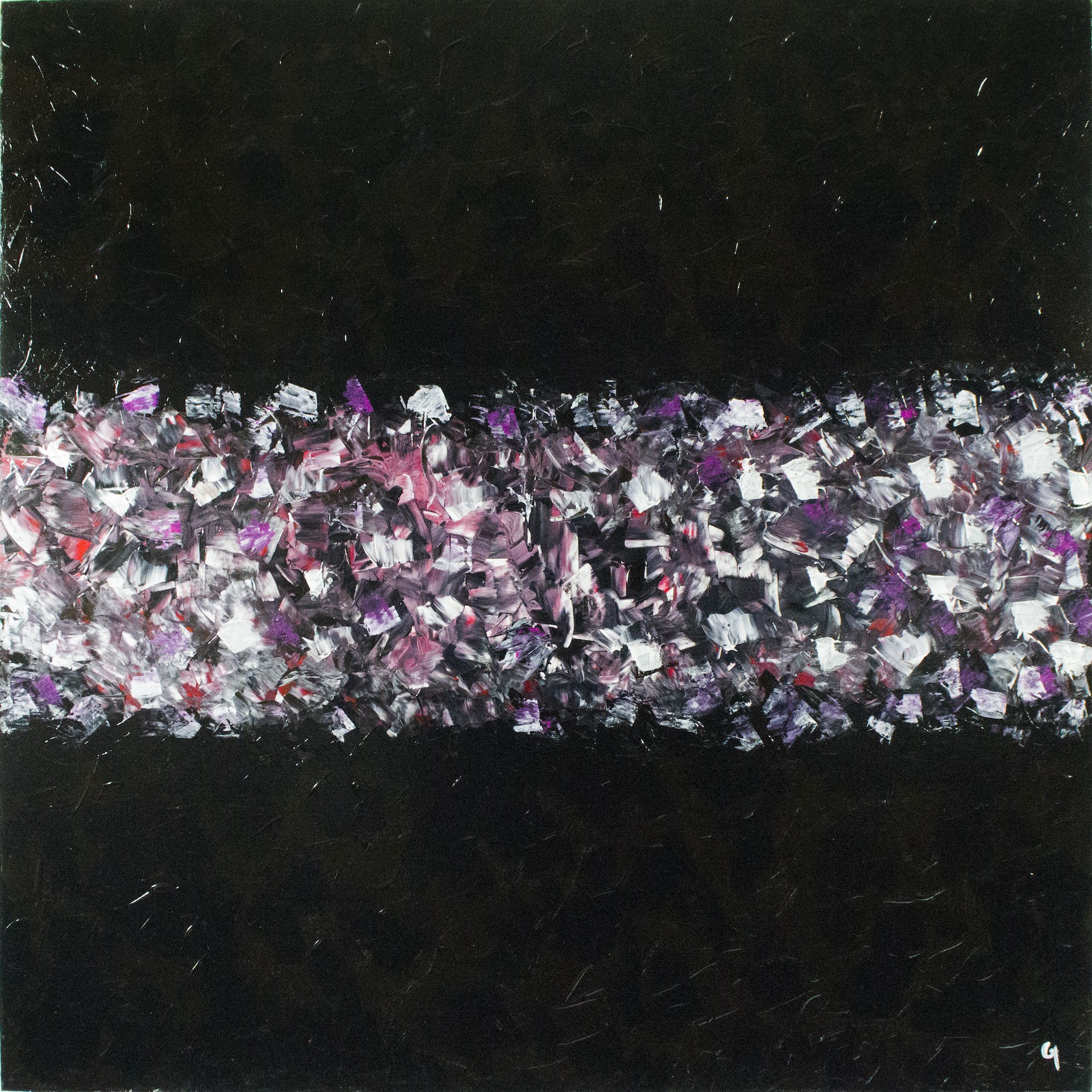 A black and white painting with purple and silver confetti on it.