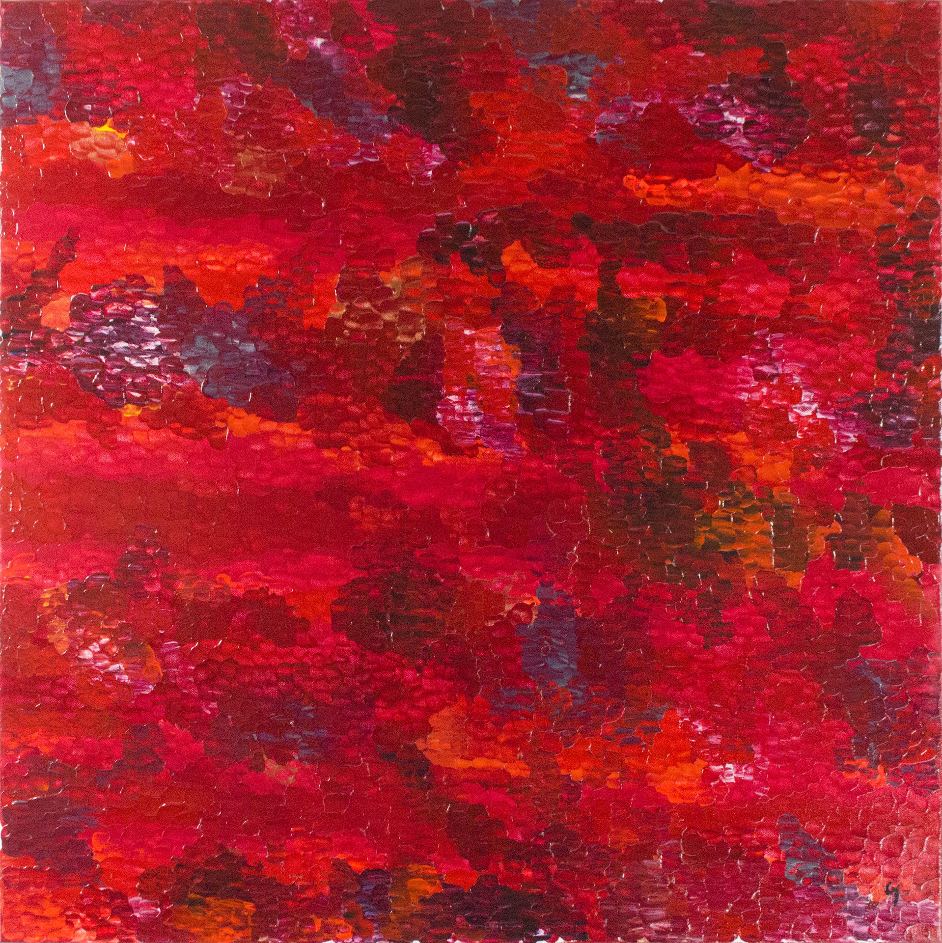 A painting of a red and orange abstract painting on a white background.