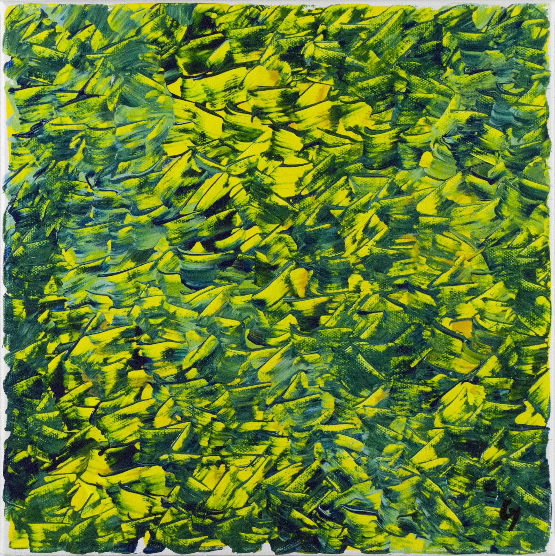 A painting of a green and yellow abstract painting.